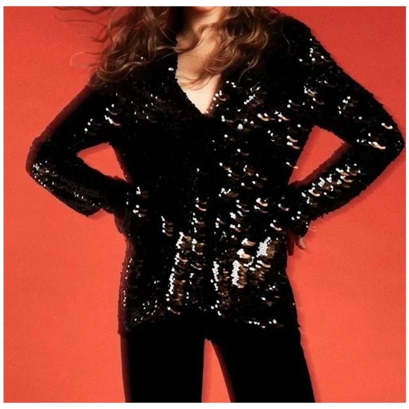 Zara Tops - ZARA Black Sequin V Neck Long Sleeve Blazer Top Medium
